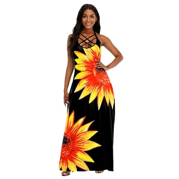 

casual dresses women sleeveless halter floral print dress summer ladies off shoulder vacation elegant sundress hollow backless, Black;gray