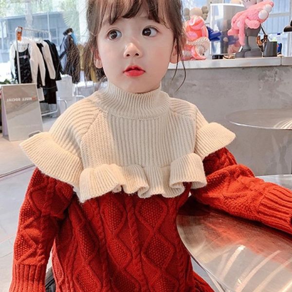 

pullover knitted sweaters for kids 2021 winter and pullovers ruffles decoration o-neck patchwork children's, Blue