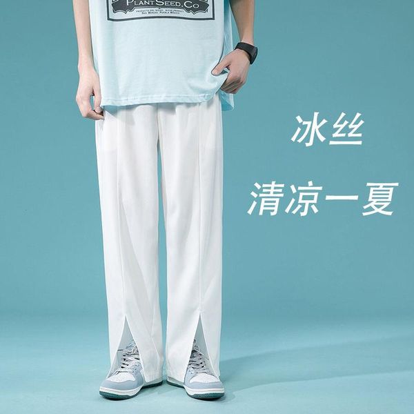 

men's pants summer thin casual fashion solid color wide-leg men streetwear loose straight ice silk mens trousers, Black