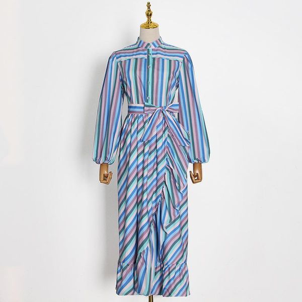 

casual dresses winter 2021 fashion temperament stand collar high wiast women lantern sleeve colorful stripe ankle-length dress m59c, Black;gray