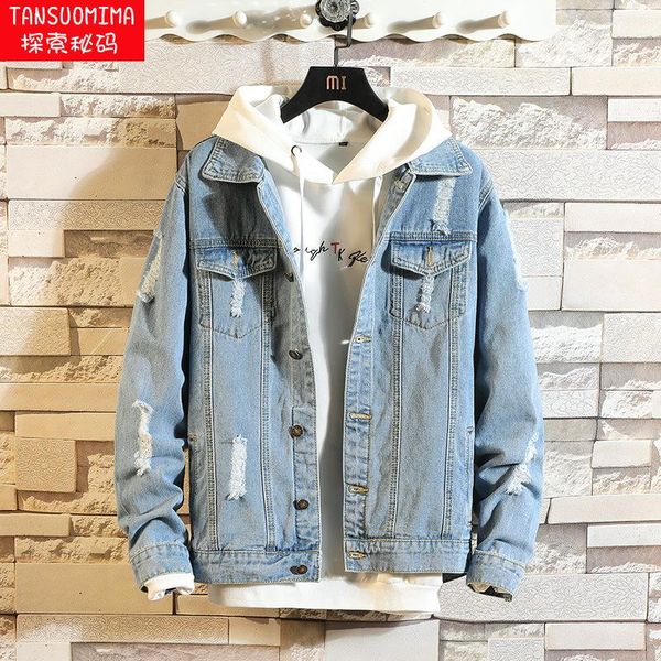 

men's jackets spring autumn 2021 fashion casual ripped denim coat male student handsome korean personality jacket, Black;brown