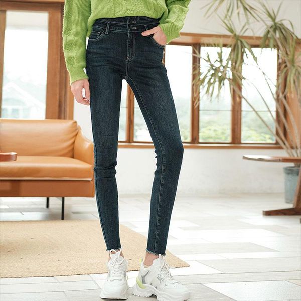 

women's jeans shzq high waist 2021 autumn and winter korean pants slim fit, hairy little foot casual, Blue