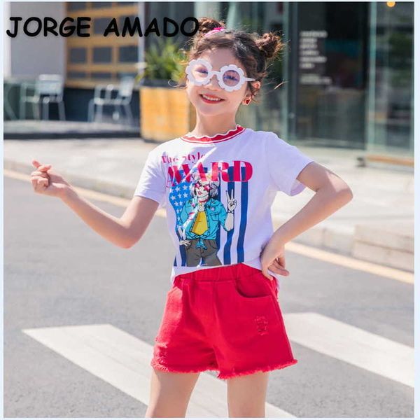 Verão Adolescentes Meninas 2-PCS Conjuntos Dos Desenhos Animados Top + Vermelho Shorts Kids Moda Roupas E22077 210610