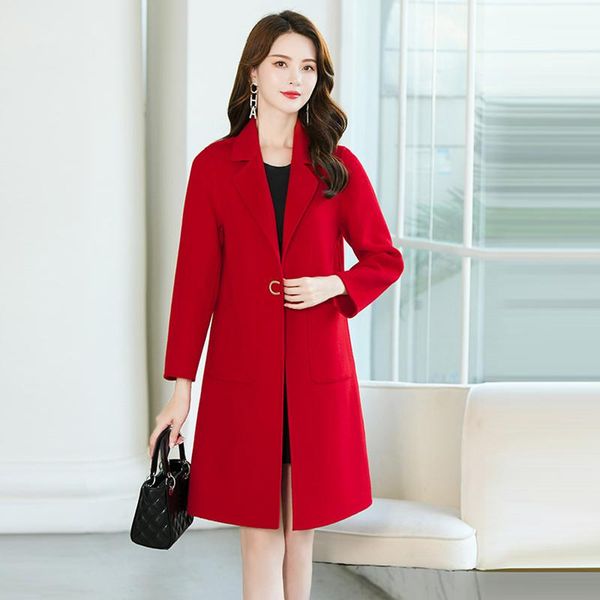 

women's wool & blends bright red reversible woolen coat one button mid-length high-end elegant temperament overcoat winter korean style, Black