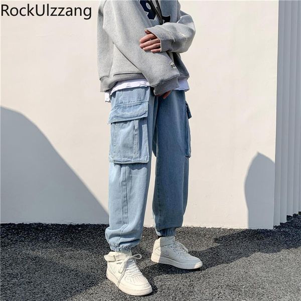 

men's jeans side big pocket drawstring waist jogger denim pant men hip hop casual streetwear fashion korean plus size slim tracksuit, Blue
