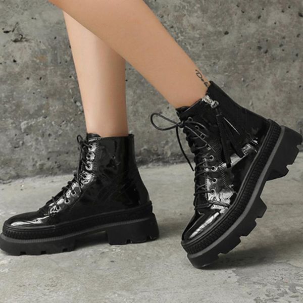 

boots lace up high heels shoes women's ladies vintage leather ankle short cowboy motorcycle drop, Black