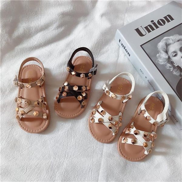 

baby summer sandals 1-6 years girls rivets shoes soft sole toddler beach kids leather dress 21-30, Black;red