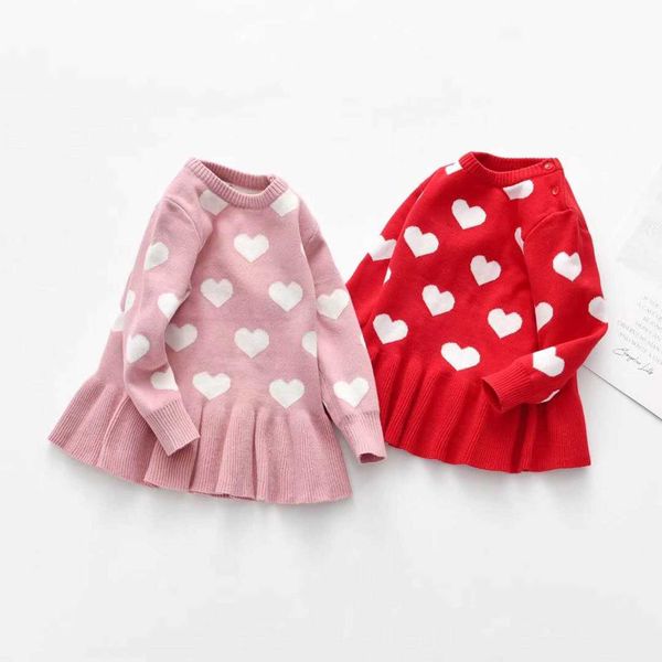 Сосредоточенность осенью зима младенца младенца девочек свитер платье влюбленность сердца печатает вязание с длинным рукавом ruffles a-line mini платье 1-5y q0716