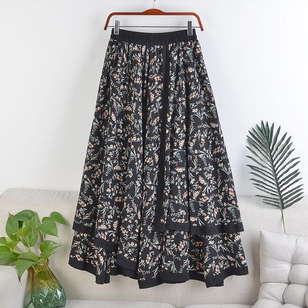 

skirts vintage skirt womens 2021 summer high waisted a-line large hem elastic waist fake two pieces floral printed slim long, Black