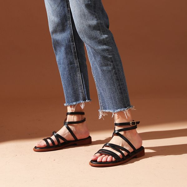 

sandals gladiator sandals women genuine cow leather cross-tied ankle buckle strap retro summer beach lady low heel shoes 32219, Black