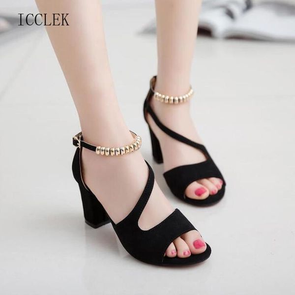 

sandals icclek 2021 roman thick with beaded high heels female summer for women open toe shoes, Black