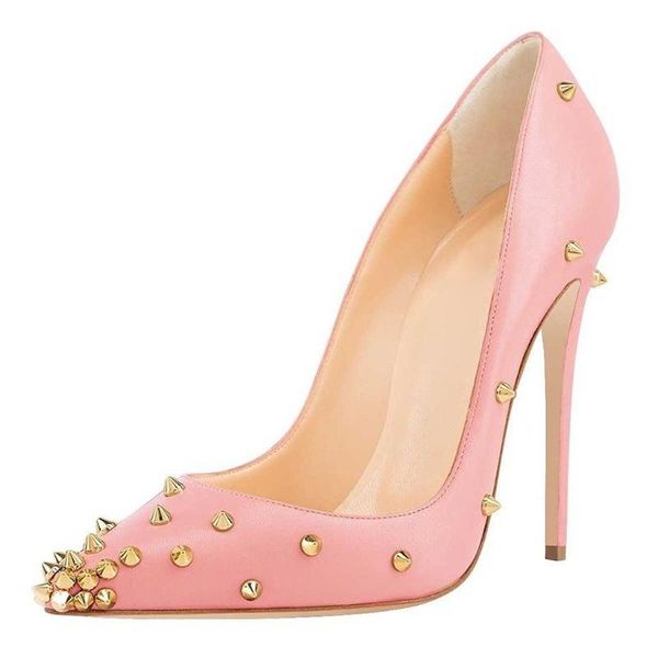

dress shoes brand high women thin heels pumps pointed toe rivet fashion office elegant single shoe pink genuine leather sandal, Black