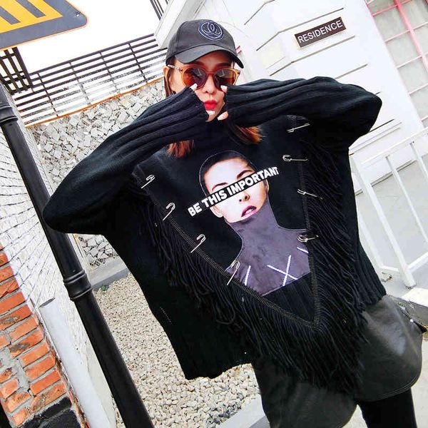 

sweaters thailand tide brand dark high collar heavy industry tassel women lazy wind outside wear loose short knit sweater autumn, White;black