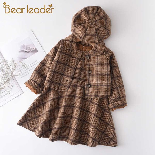 

bear leader girls fashion plaid clothing sets autumn kids elegant outfits girl party costumes children clothes with hat 210708, White