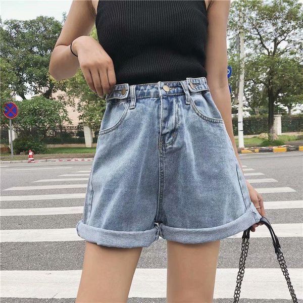 

women's shorts summer vintage women high waist denim casual button adjust blue gray female solid wide leg loose jeans, White;black