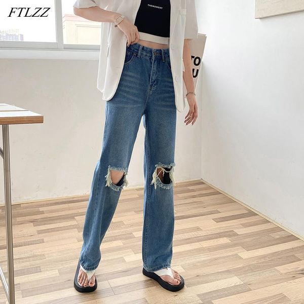 

women's jeans ftlzz streetwear female loose straight retro blue hole long denim pants high waist women vintage wide leg lady trousers