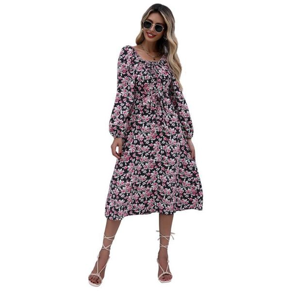 

casual dresses witbuy autumn maxi dress floral print woman square collar long sleeve with zipper split party for women 2021, Black;gray