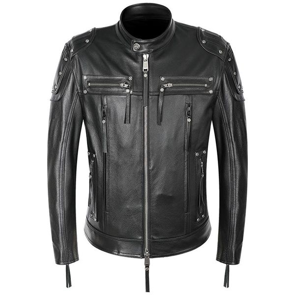 

men's jackets bonjean genuine leather motorcycle biker jacket slim stand collar zipper rivet punk rock cowhide real coat s-4xl, Black;brown