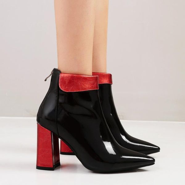 

boots thick high heels women ankle square toe zip footwear pu patent leather female boot shoes woman black plus size 33-43 5hip