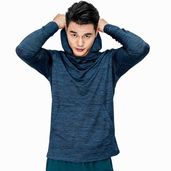 

running jerseys mens fitness sports long sleeve hooded tight hoodie gym soccer training run jogging quick dry breathable clothing, Black;blue