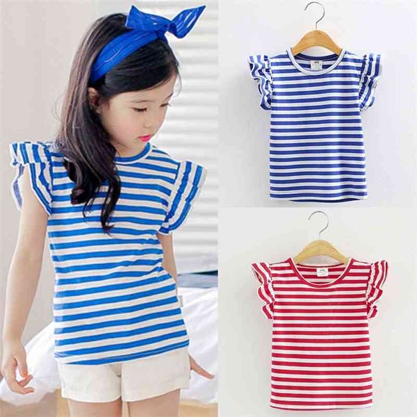 

summer 3 4 5 6 8 10 12 years children clothing baby all match vest kids cotton short flying sleeve stripe t-shirt for girls 210414, Blue