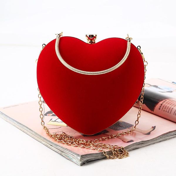 

evening bags red heart design women clutch small diamonds golden velvet party wedding handbags purse for female