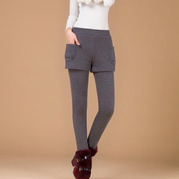 

yoga outfit autumn and winter women warm leggings elastic fake two pieces lady pants thicken slim casual female legging with pockets