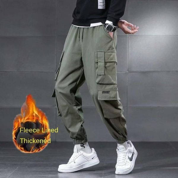 

men's pants autumn winter casual plus velvet cargo pantalones de hombre, Black