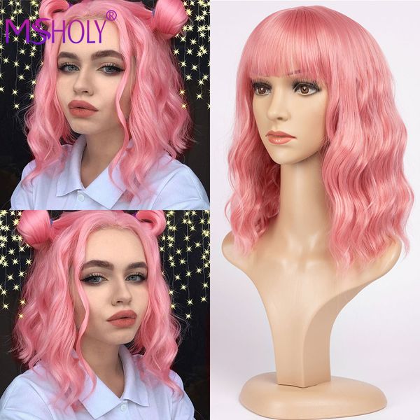 

pink wavy wig with bangs short bob wig curly wavy bob synthetic red blonde green purple wigs high temperature cosplay wig msholy, Black