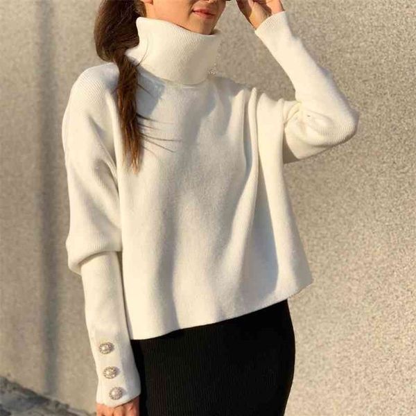 

women autumn winter knitted solid turtleneck sweater long sleeve with button pullover elegant warm soft elastic sweaters 210520, White;black