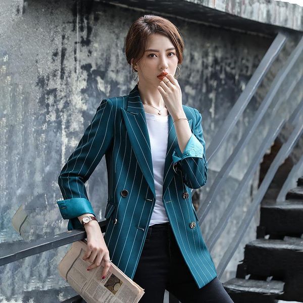 

women's suits & blazers autumn ladies blazer casual double-breasted striped jacket female business white collar office suit, White;black