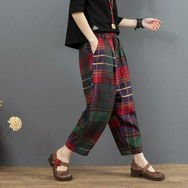 

capris spring female-style arts harem elastic plaid cotton vintage fine trousers loose ankle-length pants d415, Black;white