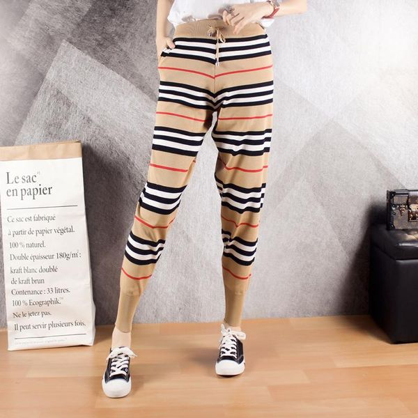 

women's pants & capris 2021 summer trf women classic vintage black white striped knitted harem casual y2k drawstring femme capri-pants