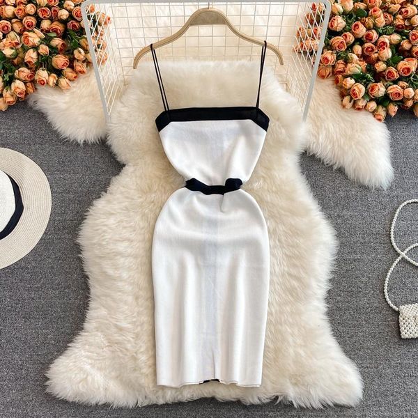 

casual dresses summer 2021 strapless spaghetti strap knit dress women's tight elastic knitted backless hip wrap korean fashion, Black;gray