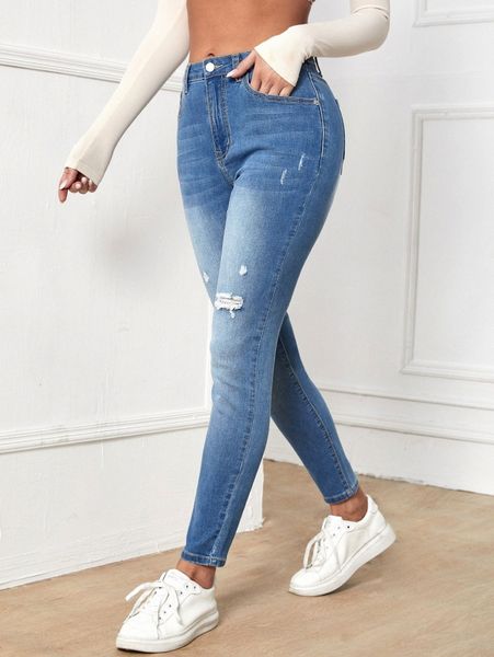 

high waist ripped skinny jeans k4ii#, Blue