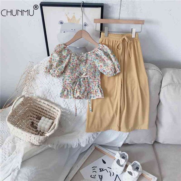 

girls clothing sets summer kids clothes one-shoulder floral chiffon + wide-leg pants 2 pcs set children 210508, White
