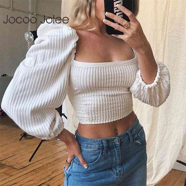 

women summer y2k square collar thread long puff sleeve backless lace up elegant blouse solid party 210416, White
