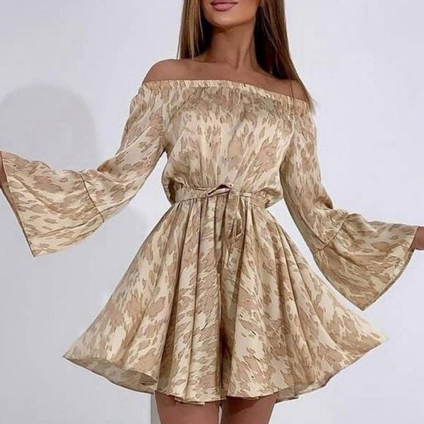 

casual dresses summer women dress long flare sleeve printing off shoulder high waist elegant a-line female party banquet vestidos, Black;gray