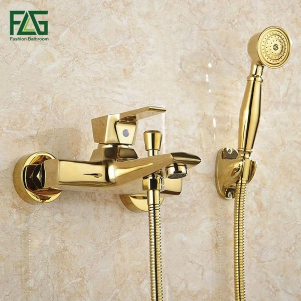 

wall mounted antique brass brushed gold plated bathtub faucet with hand shower bathroom bath faucets torneiras hs038 sets