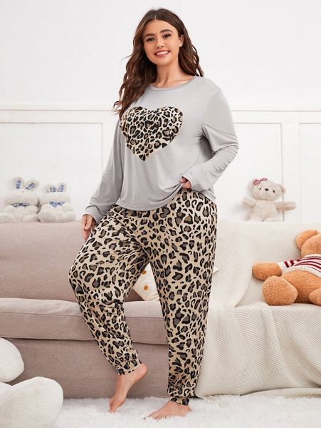 

plus leopard & heart print pj set m1m2#, Black;white