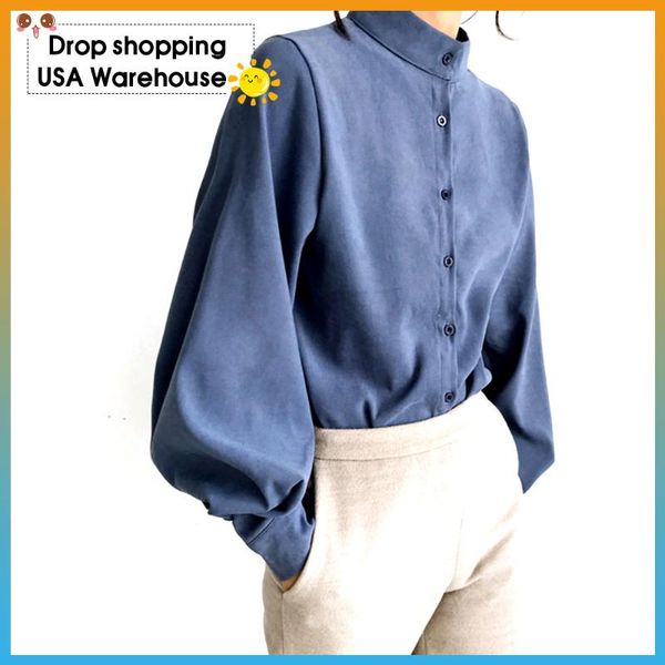

autumn and winter shirt stand collar lantern sleeve long loose for women plus size blouse women's blouses & shirts, White