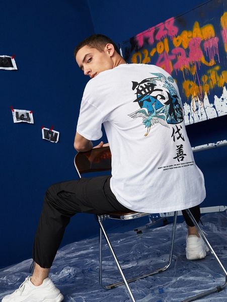 

men slogan & crane print tee 963g#, White;black