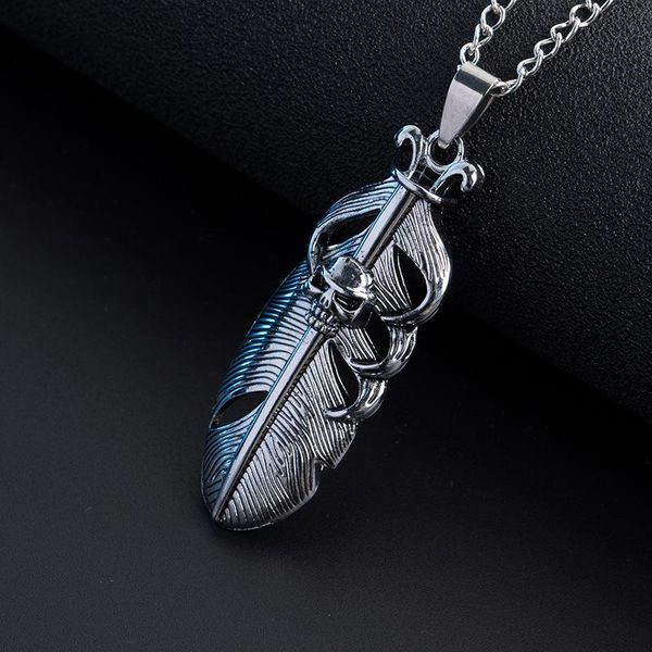 

pendant necklaces europe and america cool fashion retro feather skull gothic titanium steel necklace, Silver