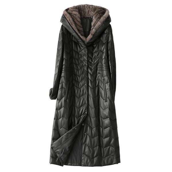 

women's leather & faux female women fashion real hooded genuine sheepskin down coats winter long jacket black outwear big size