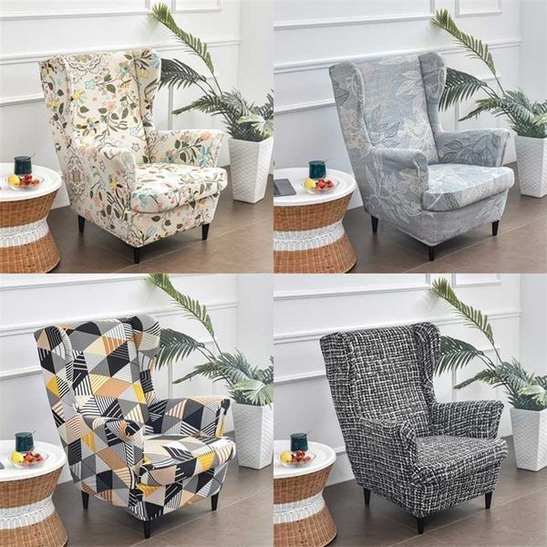 Floral Sloping Arm King Fauteuil Cover Elastic Slipcover Wingback Wing Sofa Back Chair 211116