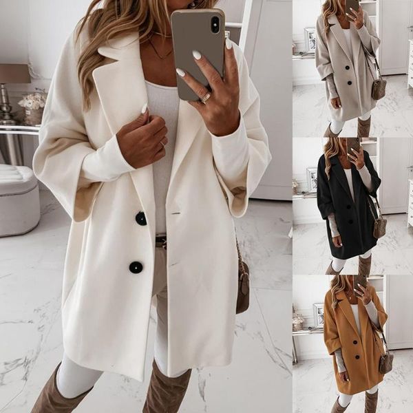 

women's wool & blends 2021 autumn winter women long style coats fashion woolen thin outwear casual female girls ladies, Black