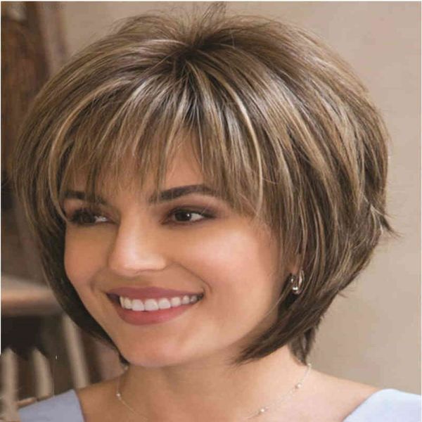 

mixed blonde brown short natural hair heat ristant women's wig, Black