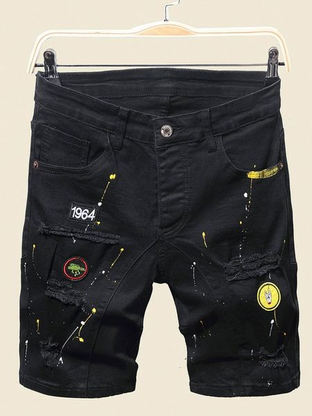 

men ripped frayed splash ink letter patched detail denim shorts 65py#, Blue