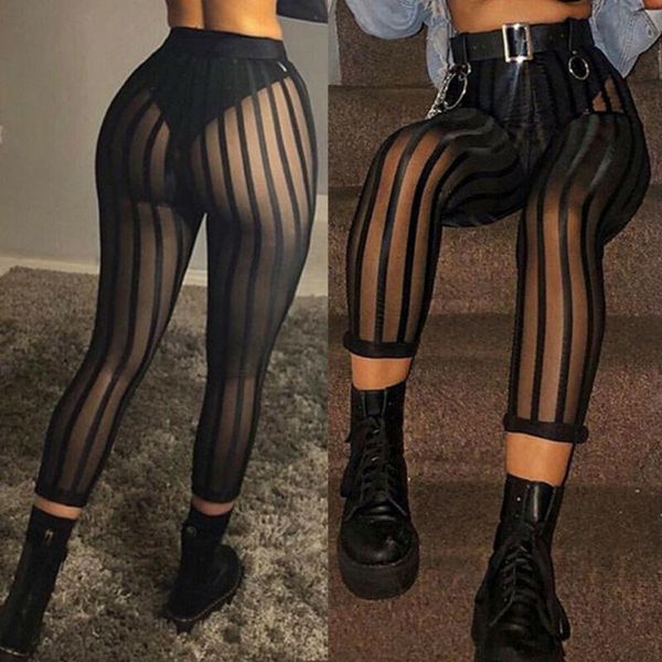 

women's leggings mesh striped women perspective pants knee length slim trousers club wear, Black
