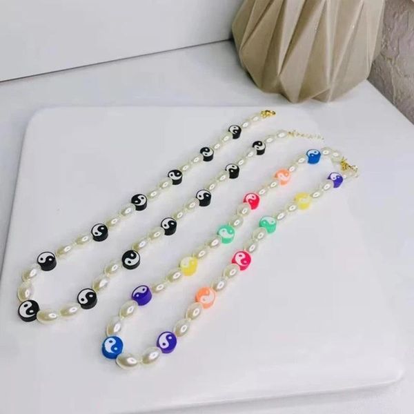 

chokers lovoacc soft pottery tai chi rainbow pearls necklace for women summer beach beads pearl necklaces colorful bohemian jewellery, Golden;silver